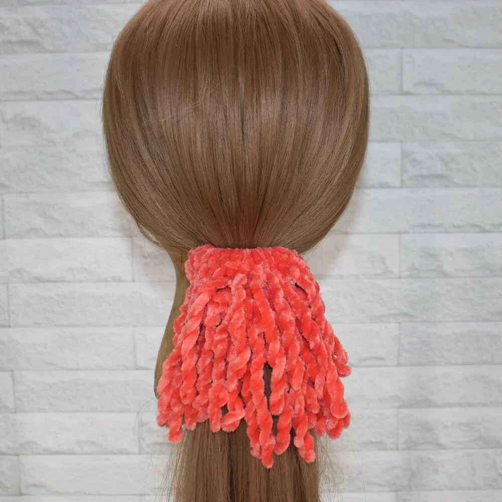 HAND CRAFTED Hair Scrunchie Fringe Crochet Kids Chenille Velvet Oversized Orange